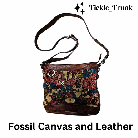 Fossil Handbags - Fossil Brown Leather and Floral Canvas Crossbody Bag